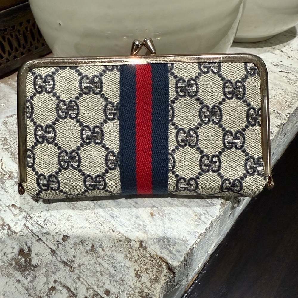 Gucci Cream and Blue Wallet with Monogram Design